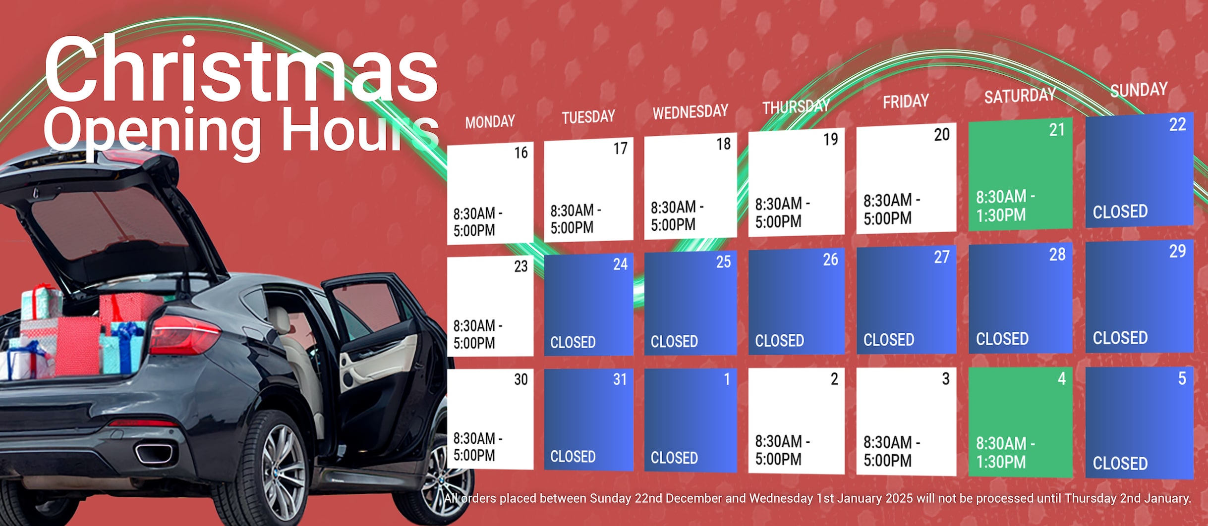 Car Shades Christmas Opening Times 2024